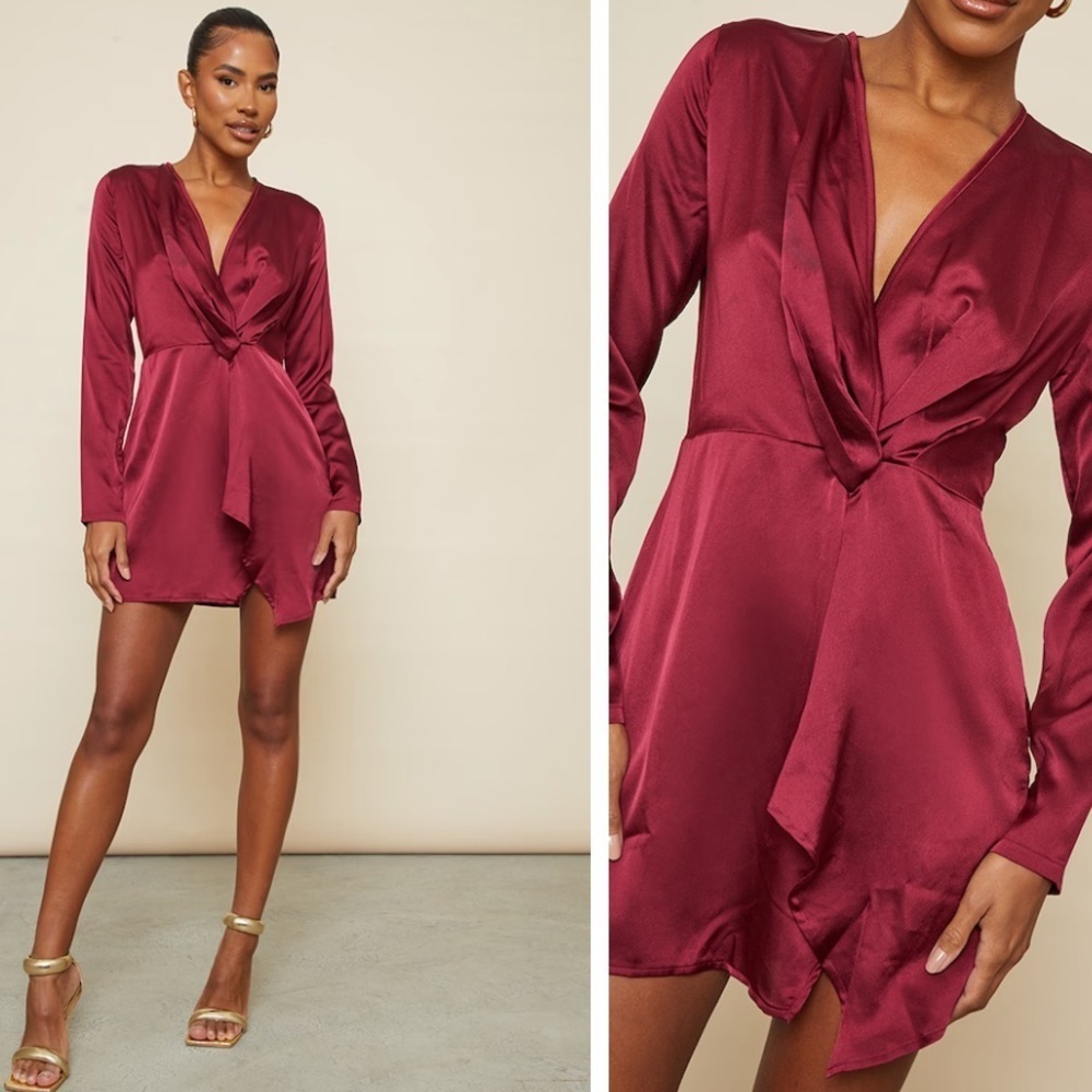 PrettyLittleThing burgundy satin long sleeve wrap dress 12